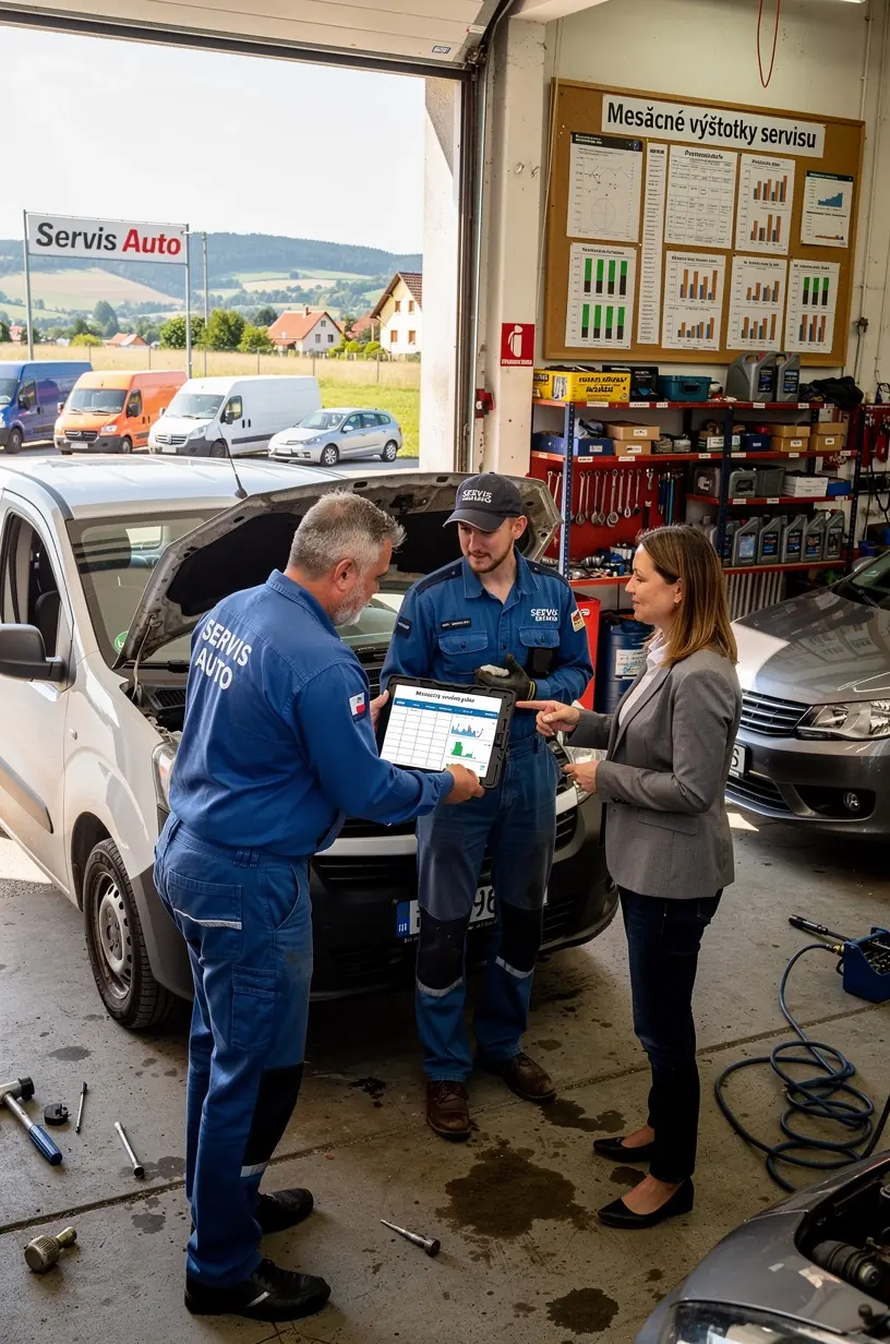 Interiér autoservisu so zvýrazneným servisným plánom a nástrojmi na opravu dodávok pre živnostníkov.